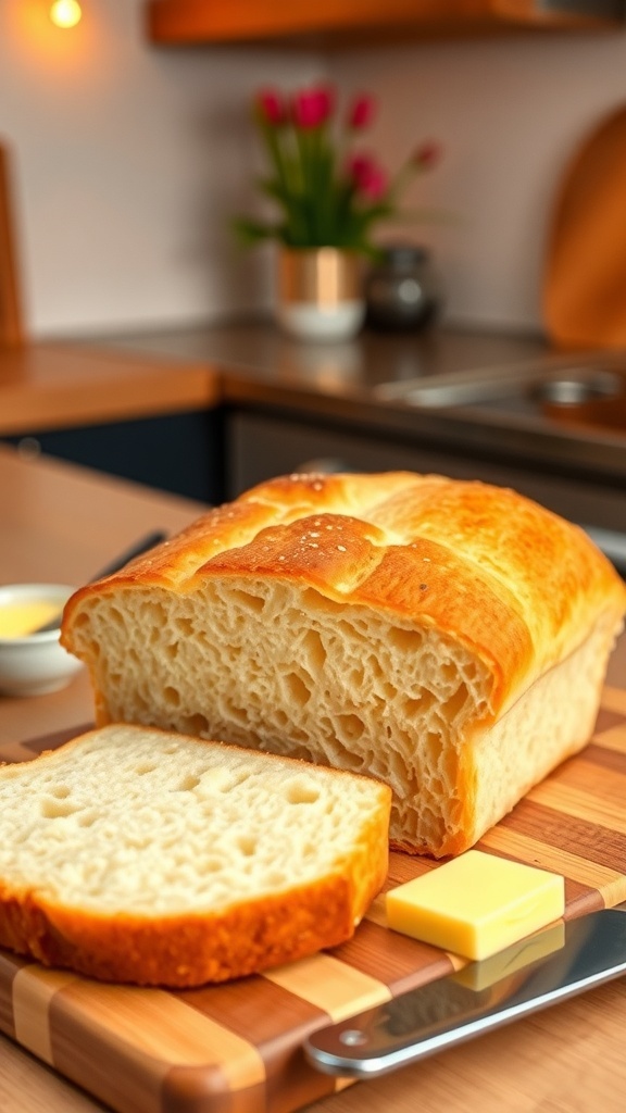 A golden brown loaf of air fryer baked bread sliced on a cutting board with butter.